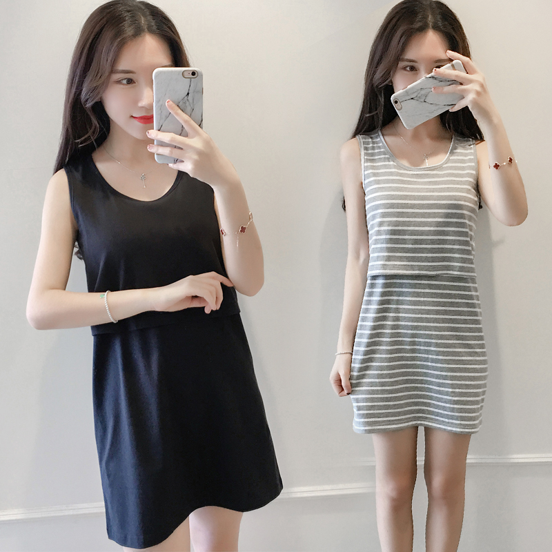 哺乳衣外出背心连衣裙睡裙无袖t恤上衣条纹纯棉喂奶夏季产后时尚在类目 孕妇装/孕产妇用品/营养, 家居服/哺乳装/秋衣裤, 家居裙中 - 来自Buy2taobao.com提供专业的淘宝代购服务