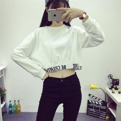 宽松长袖白色卫衣女2017春短装薄款超短款露