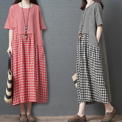 连衣裙2019新款夏韩版文艺宽松亚麻大码女装胖mm棉麻格子短袖长裙