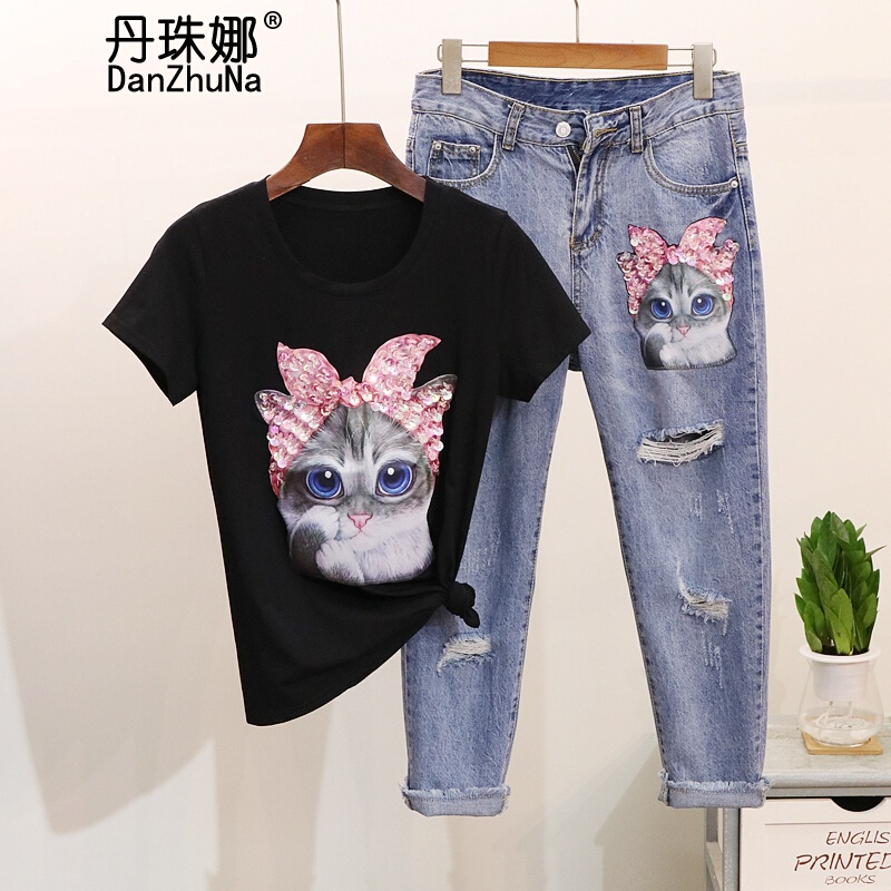 丹珠娜 牛仔裤女欧洲站夏装女2019新款亮片印花猫咪短袖T恤+时尚在类目 模玩/动漫/周边/cos/桌游, Cosplay服饰/道具/服务, Cosplay女装中 - 来自Buy2taobao.com提供专业的淘宝代购服务