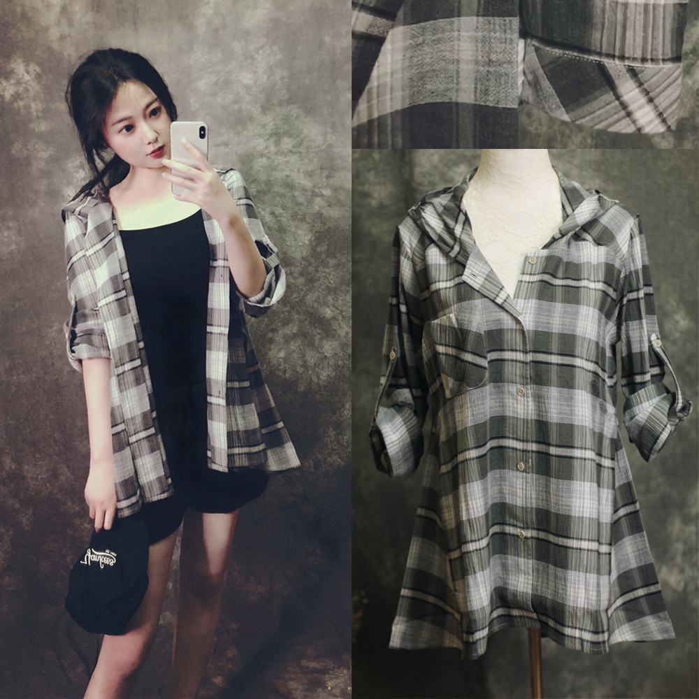 Kaoru welfare*Harbor Wind CHIC Japan Imported Black and gray lattice Cotton Easy Show thin Cap shirt Sunscreenin the Women's clothing/Boutique , Shirt category - from Buy2taobao.com to provide professional Taobao agent buy service