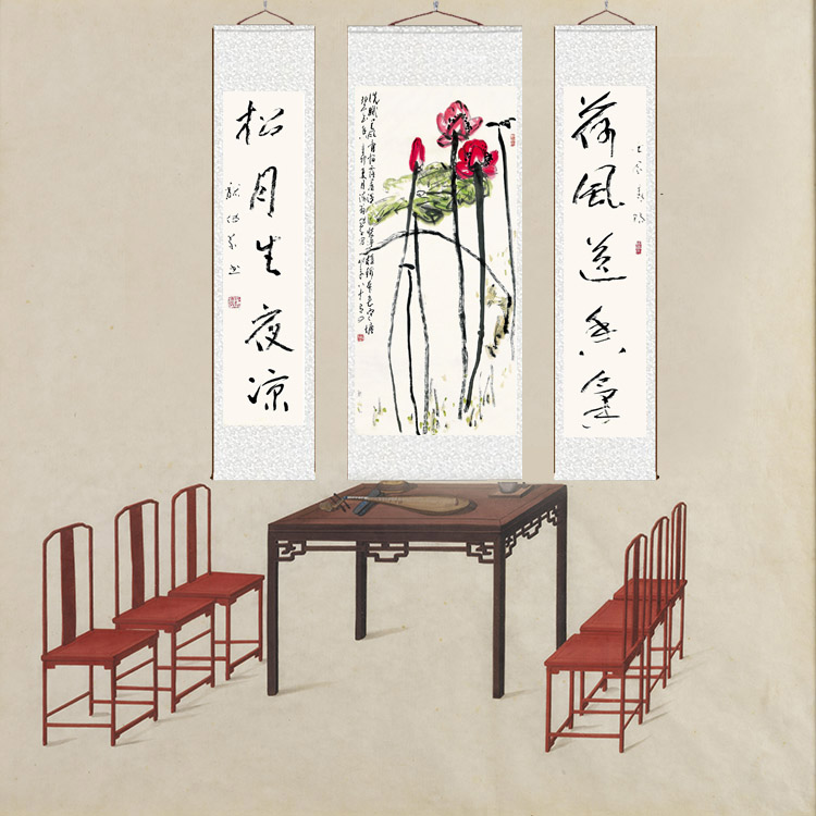 荷花中堂丝绸对联画工艺画礼品中式装饰艺术卷轴挂画仿古名家字画