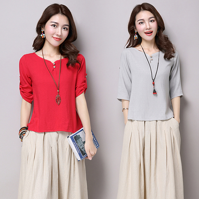 2017春夏亚麻女装棉麻上衣中袖衬衫苎麻纯色宽松民族风T恤衫女