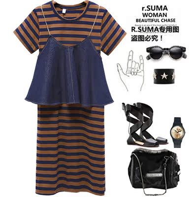 天天特价夏装中长款圆领条纹T恤+吊带牛仔背