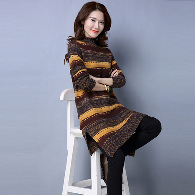 【天天特价】花线秋冬中长款半高领针织打底衫女套头韩版宽松毛衣