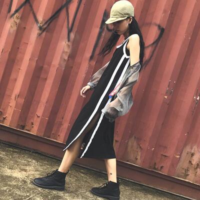 夏2018新款女中长裙拼色无袖宽松腰T恤裙条纹连衣裙一步裙子潮