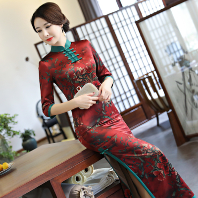 2018新款复古中袖香云纱老上海旗袍长款修身端庄大气改良秋冬大码