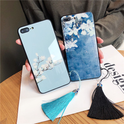 苹果x手机壳iphone7plus保护套玻璃硅胶玉兰花流苏防摔6s/8女款潮