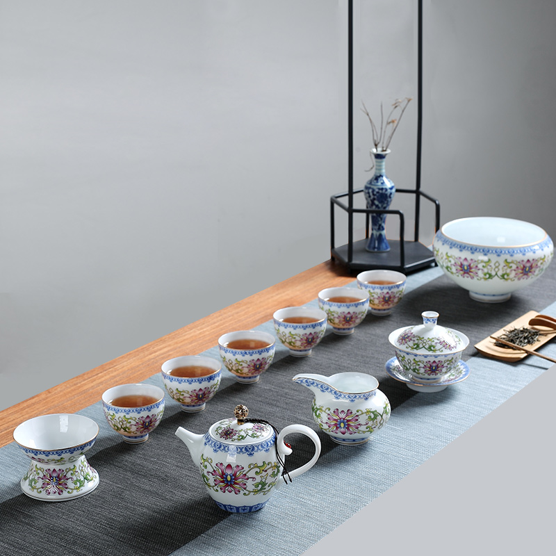 DH 景德镇家用 功夫茶具套装 整套陶瓷 粉彩盖碗茶杯办公室 茶具在类目 餐饮具, 茶具, 功夫茶具中 - 来自Buy2taobao.com提供专业的淘宝代购服务
