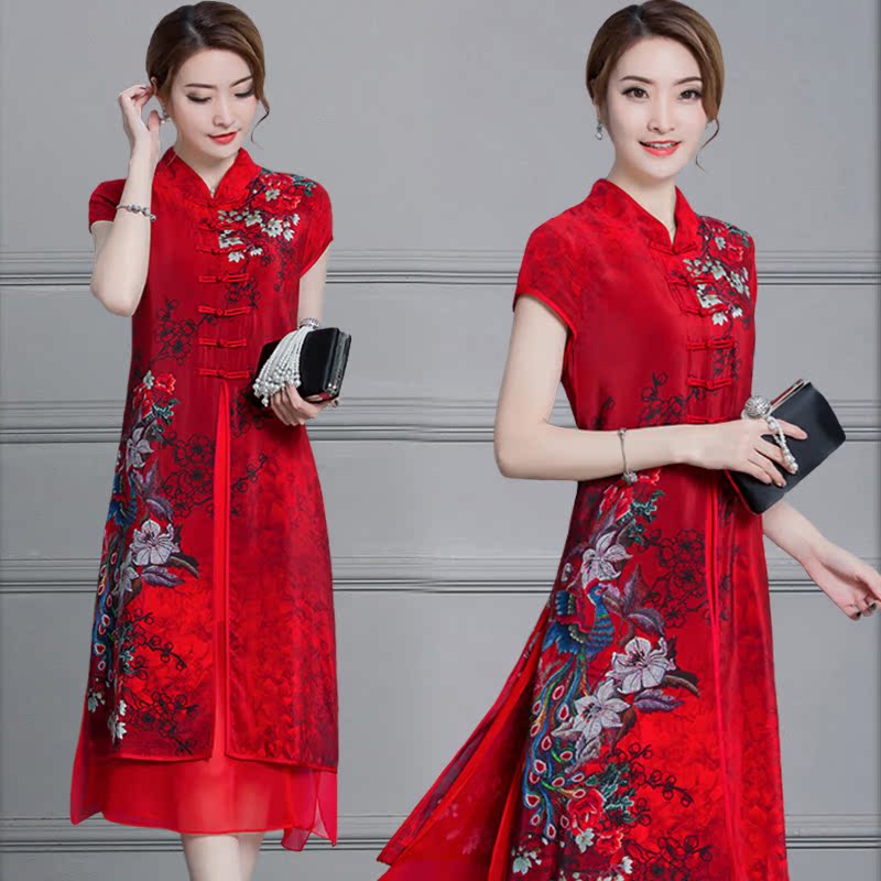 2019 Summer wear False two Hangzhou Real silk Dress Mid length version mulberry silk mom Large Improvement Cheongsam skirtin the Women's clothing/Boutique , Middle-aged women category - from Buy2taobao.com to provide professional Taobao agent buy service