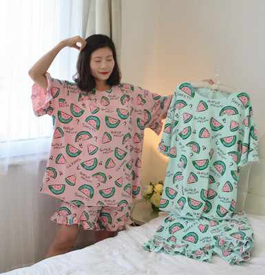 韩版薄款睡衣夏季女式短袖短裤纯棉加肥大码胖MM孕妇200斤家居服