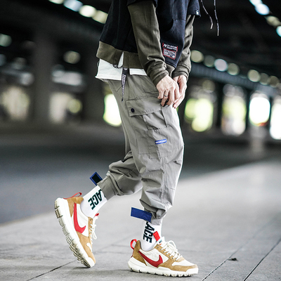 余文乐宽松魔术贴九分裤束脚裤潮加绒加厚日系工装裤男韩版哈伦裤