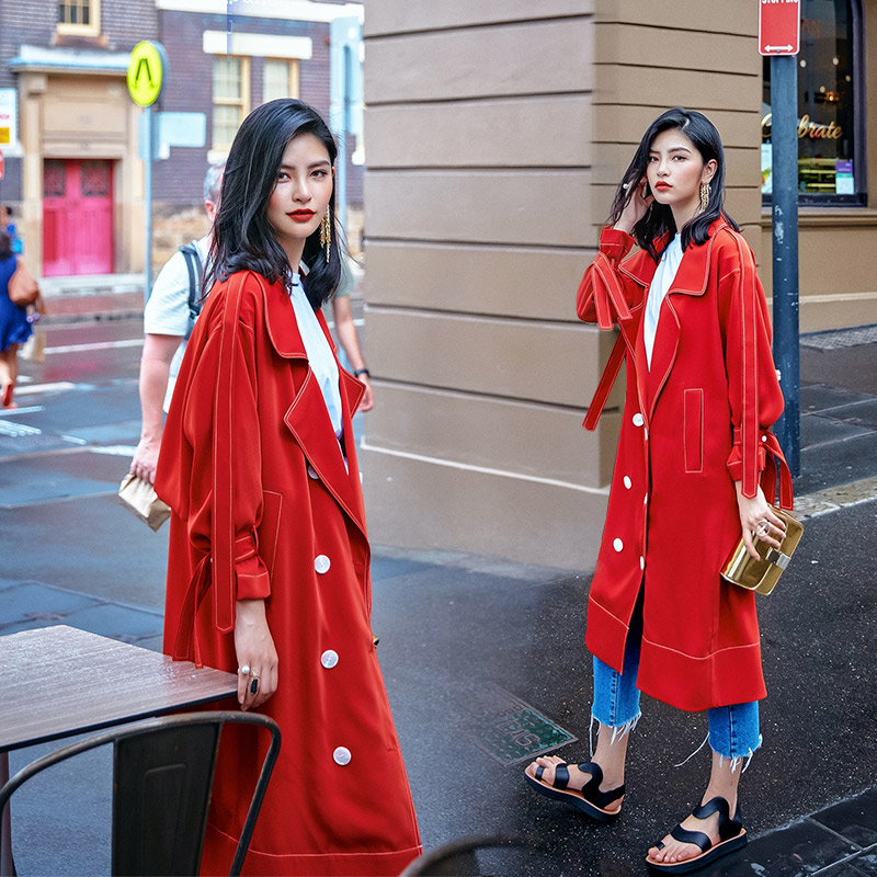 原创超长款红风衣女韩版过膝欧美2017春装新款垂坠中长款外套薄款