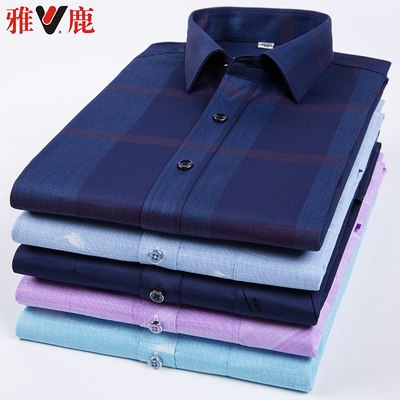 雅鹿中年男士薄款纯棉长袖衬衫中老年人全棉休闲免烫爸爸春夏衬衣
