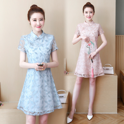 2019新款大码女装胖妹妹旗袍改良型修身显瘦蕾丝遮肚子连衣裙减龄