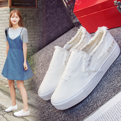 2016潮小白鞋秋透气帆布白鞋女厚底中学生鞋
