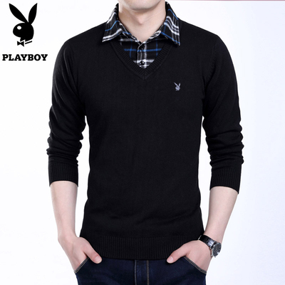 冬季带领男毛衣假领假两件套上衣带绒衬衫有领