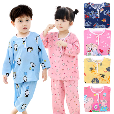 儿童睡衣服棉绸男童女童薄款夏季长袖绵绸女孩夏天宝宝人造棉套装