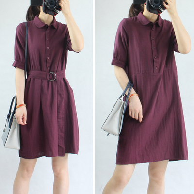 很柔软舒适双层纱棉纱文艺彼得潘元宝小圆领侧口袋腰带短袖连衣裙