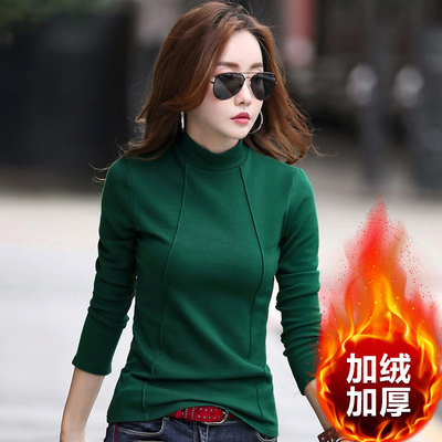 2018秋冬女装新款加绒T恤女长袖加厚上衣韩版半高圆领体恤打底衫
