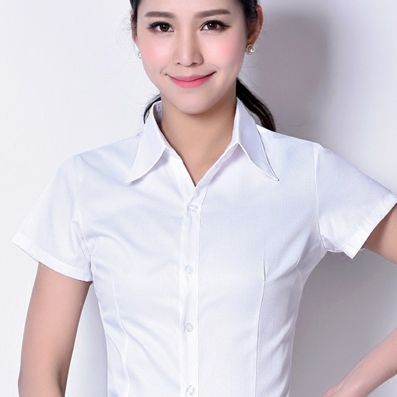 D9棉竖条纹白衬衫 女半袖职业短袖V领修身工作服正装大码衬衣女装在类目 女装/女士精品, 衬衫中 - 来自Buy2taobao.com提供专业的淘宝代购服务