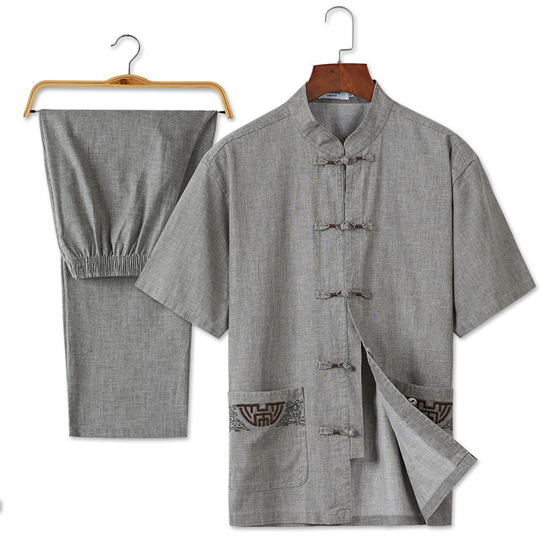 Middle and old age Chinese style Flax Short sleeved suit Tang costume Retro Ethnic style Chinese style Cotton and hemp Hanfu Two piece setin the Men's clothing, Set , Leisure sports suit category - from Buy2taobao.com to provide professional Taobao agent buy service