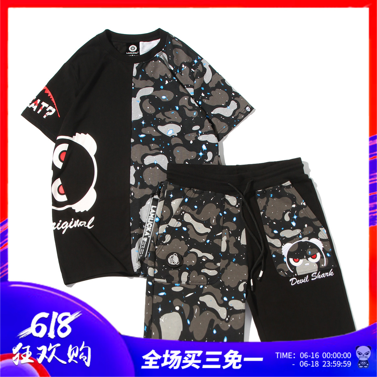 夏季男装迷彩拼接熊猫字母印花短袖T恤运动休闲五分裤两件套套装|msdalam kategori Pakaian Lelaki, menetapkan, saman sukan Leisure - dari Buy2taobao.com untuk memberikan perkhidmatan ejen Taobao profesional membeli