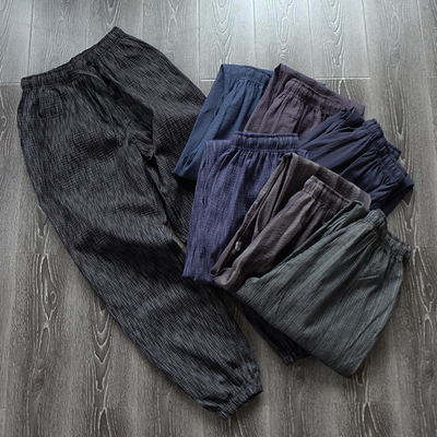 出口日本 春夏 舒适透气 全棉星羽皱 男士 居家长裤 有侧兜束口裤