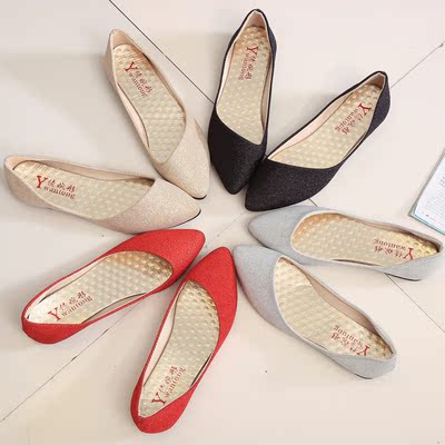 2016春秋新款亮片平跟鞋休闲女鞋OL欧美时尚性感尖头浅口女单鞋潮