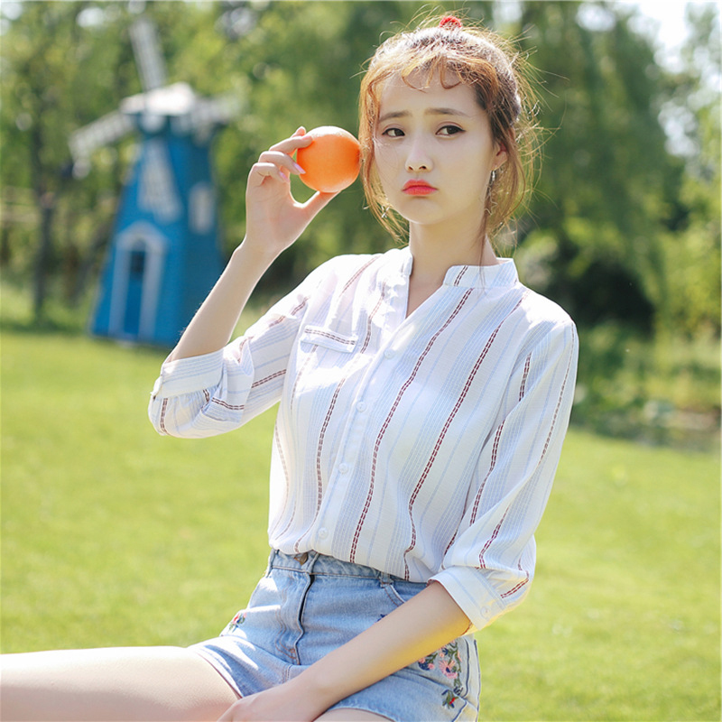 Spring and summer new pattern V-neck Three Quarter Sleeve stripe Cotton and hemp shirt student leisure time Easy Versatile Flax jacketin the Women's clothing/Boutique , Shirt category - from Buy2taobao.com to provide professional Taobao agent buy service