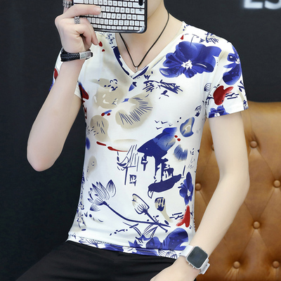 冰丝短袖t恤男士夏季修身弹力薄款打底衫青年印花上衣v领运动男装