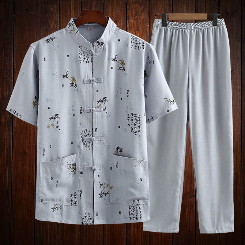 Chinese style Tang costume Short sleeved suit Middle-aged and elderly people Thin section Cotton and hemp dad Summer wear grandpa the elderly Flax clothesin the Men's clothing, National costume category - from Buy2taobao.com to provide professional Taobao agent buy service
