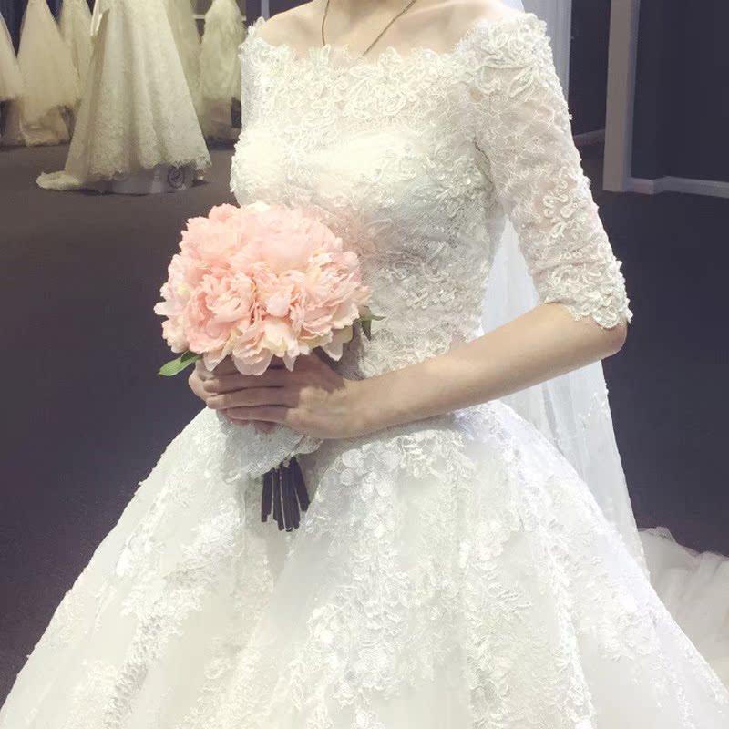 婚纱礼服2019新款拖尾梦幻简约显瘦新娘结婚一字肩孕妇长袖女春夏|msdalam kategori Butik wanita / wanita, perkahwinan/Cheongsam/pakaian, perkahwinan - dari Buy2taobao.com untuk memberikan perkhidmatan ejen Taobao profesional membeli
