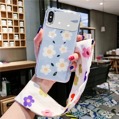 小清新花朵插画苹果Xs Max手机壳xr挂绳iphone6s镜面7plus/8p女款