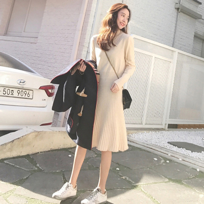 2019新款秋冬针织连衣裙女打底修身长袖厚中长款配大衣的毛衣裙子