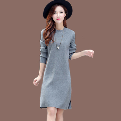 冬装新款中长款毛衣裙女士长袖针织衫套头厚宽松打底圆领纯色外搭