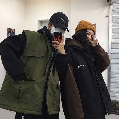 秋冬韩国ins原宿bf风街头机能复古工装大口袋夹棉马甲加厚外套潮