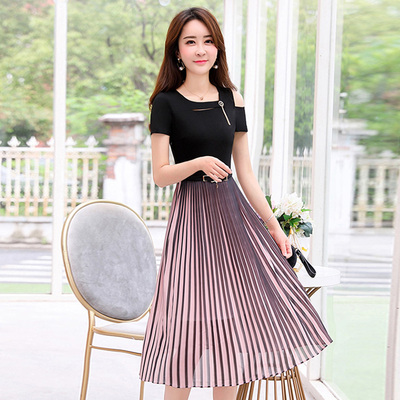 酷伽假两件夏季新款圆领高腰拼接大摆褶皱女神范连衣裙230