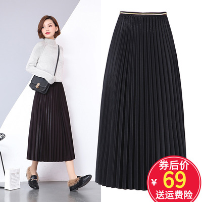 蕾丝半身裙秋冬女2019新款两面穿网纱百褶裙中长款高腰a字长裙春