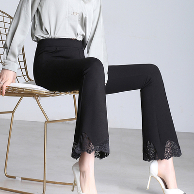 微喇叭裤韩版蕾丝阔腿裤休闲裤女裤子学生修身显瘦黑色大码九分裤