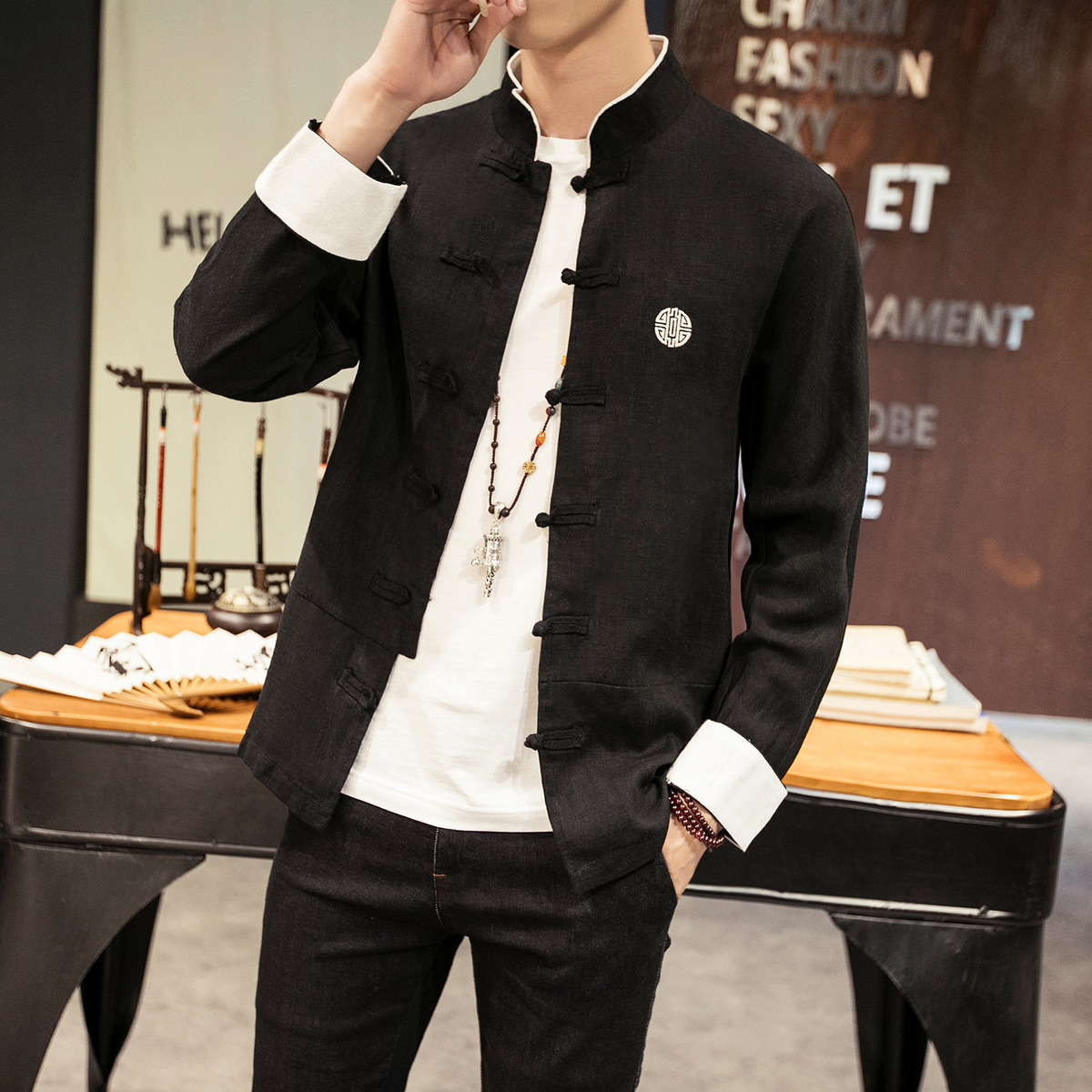 Flax shirt Long sleeve Thin section Chinese style Vintage Style Chinese style shirt Stand collar frog Cotton and hemp Ethnic style Embroideryin the Men's clothing, Shirt category - from Buy2taobao.com to provide professional Taobao agent buy service
