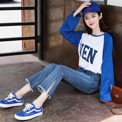 韩国牛仔裤女春装2019新款韩版显瘦高腰复古弹力九分紧身喇叭裤子