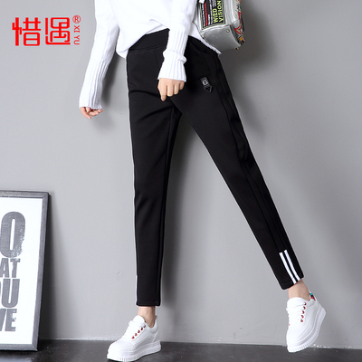 2017秋冬新款加绒韩版运动裤女学生加厚哈伦裤宽松女裤条纹休闲裤