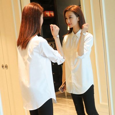 白衬衫女长袖2018秋装新款纯棉宽松韩版bf风上衣中长款打底衬衣寸