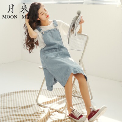 牛仔背带裙女2019新款韩版春秋宽松学院风开叉可爱百搭半身吊带裙
