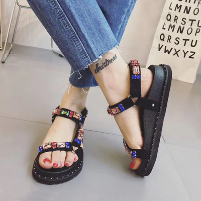 彩色水钻厚底罗马凉鞋女2018夏季新款平底松糕鞋韩版百搭学生女鞋