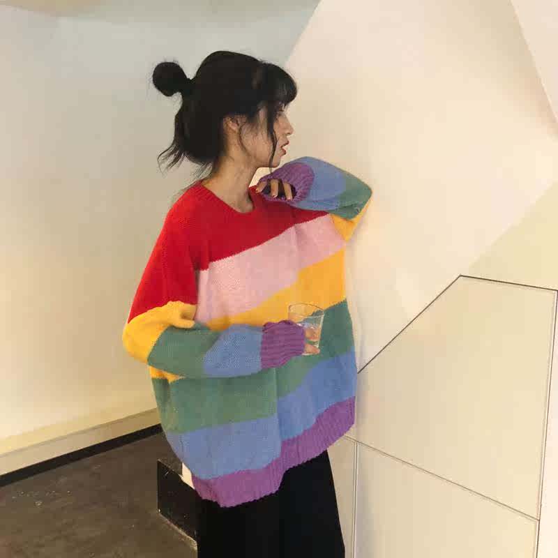 香港潮牌毛衣外套女秋冬2018新款圓領條紋針織衫學生韓版在類目 女裝/女士精品, 毛衣中 - 來自Buy2taobao.com提供專業的淘寶代購服務