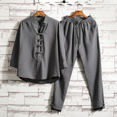 中国风亚麻t恤男v领七分袖加肥加大码短袖套装男士宽松休闲两件套