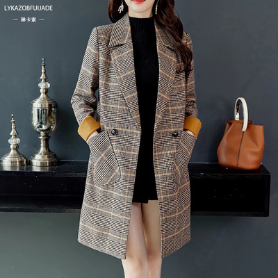 中长款千鸟格呢子大衣女2018秋冬新款韩版宽松气质百搭毛呢外套女
