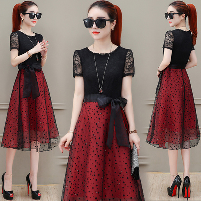 ins超火的连衣裙女装2018夏季新款蕾丝网纱中长款收腰显瘦a字裙潮